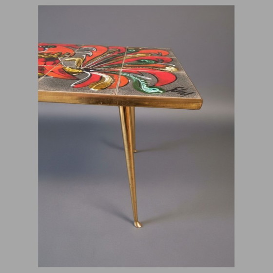 Image 1 of Vintage Juliette Belarti ceramic tile coffee table with rooster motif