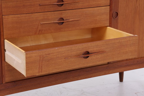 Image 1 of Vintage teak sideboard 60s | Mid - Century sideboard with drawers & slatted doors retro wood storage #08-22