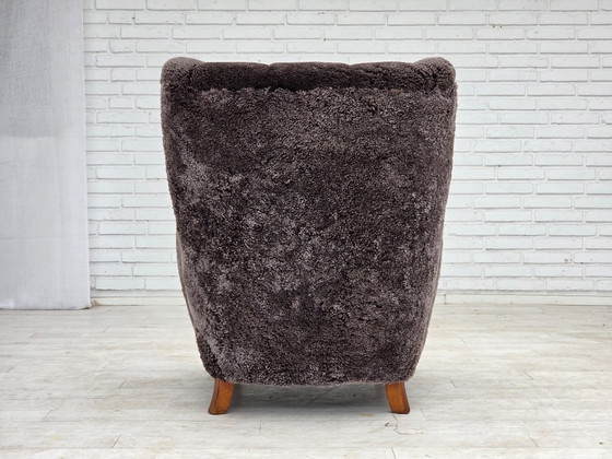 1960s, Danish design, reupholstered armchair, genuine sheepskin., Other, Brown (photo 10 of 20)