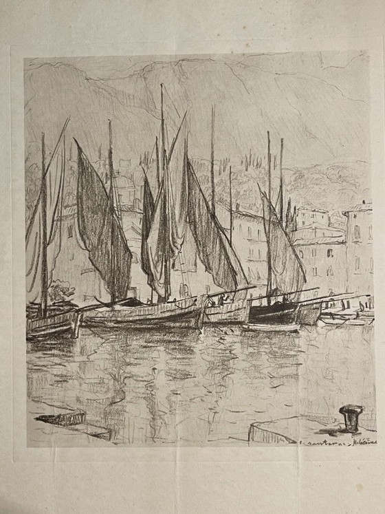 Robert Santerne – Estampe de port aux voiliers – 40 cm – Lithographies et sérigraphies, Paper (photo 3 of 7)