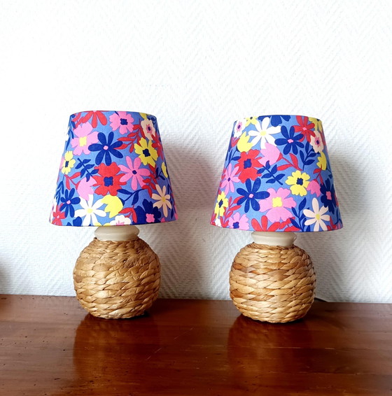 Image 1 of 2x Lampen aus Weide und Lampenschirme 1970 nach Maß