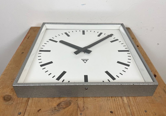 Image 1 of Large Grey Industrial Square Wall Clock from Pragotron, 1970s