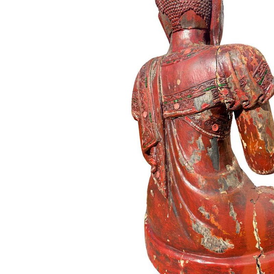 Antique Wooden Buddha Statue from Burma - Large Mandalay Buddha with Mirror Inlay – Sculpture (photo 9 of 18)