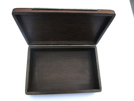 Image 1 of Danish Design Bog Oak Wood Mid-Century Cigarette Box, Signed and Hallmarked, with Sterling Silver Inlaid Floral Design