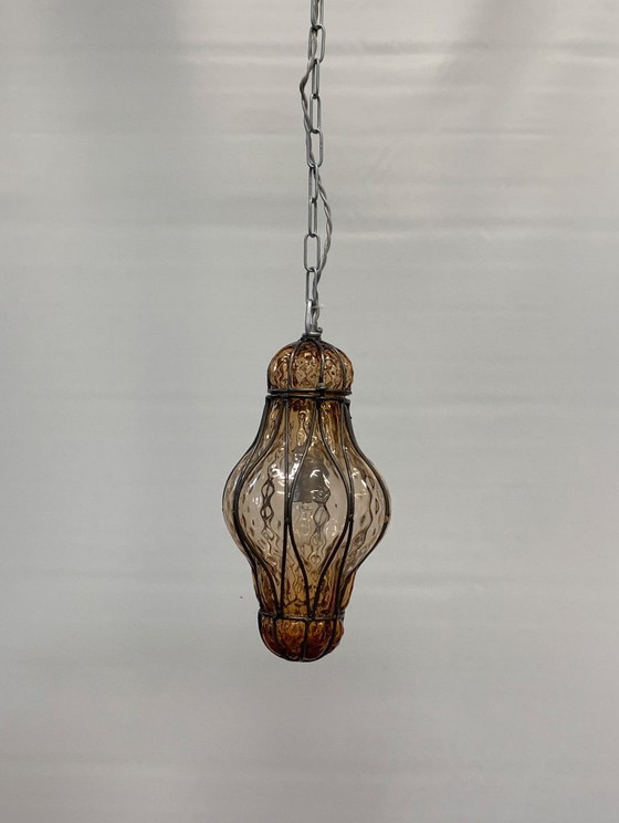 Image 1 of Murano lantaarn kroonluchter, gemaakt in Italië, 1970, amberkleur