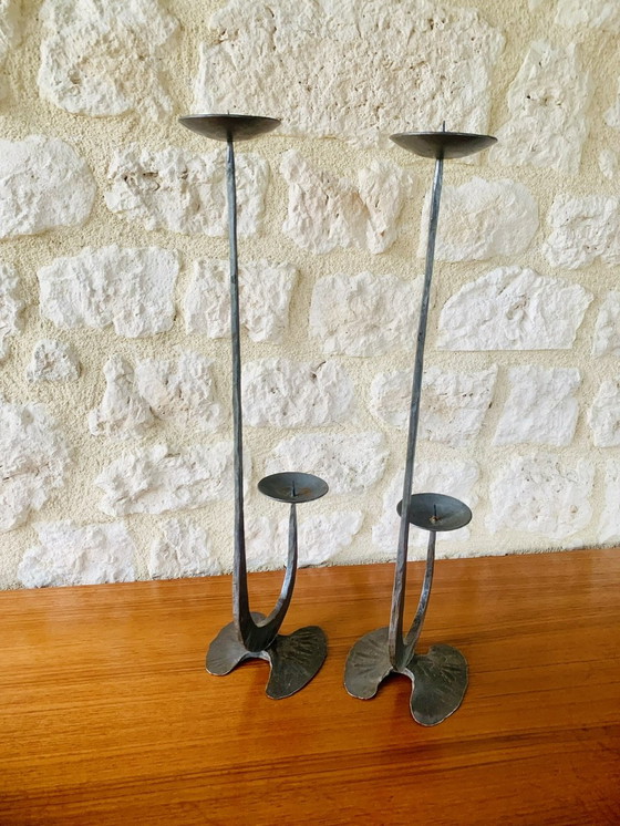 Image 1 of French, Brutalist Style, Two-Arm, Iron Candlesticks, Set Of 2