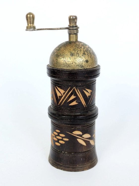 Image 1 of Vintage Folk Art Carved Wooden Pepper Mill Brass Hand Crank Mediterranean Rustic