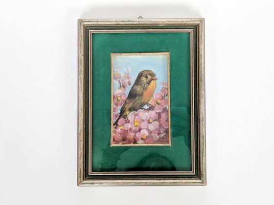 Image 1 of Vintage Robin Oil Painting, Blossoms, Green Velvet Mat, Signed