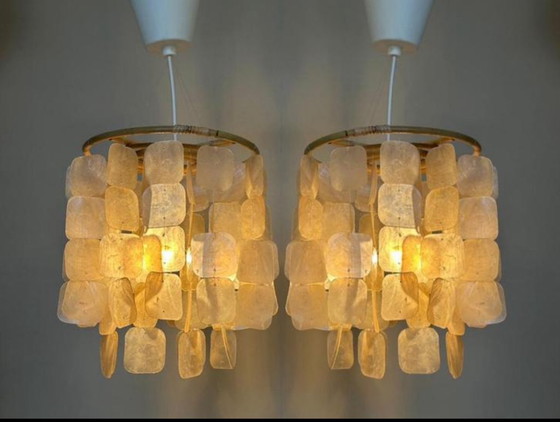 Image 1 of Set Of 2 Capiz Shell Pendant Lamps Shell Pearl Bamboo Frame White Wiring