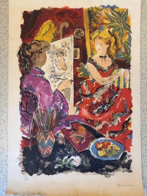 Litografia di Emilio Grau Sala - Pittore e la sua modella