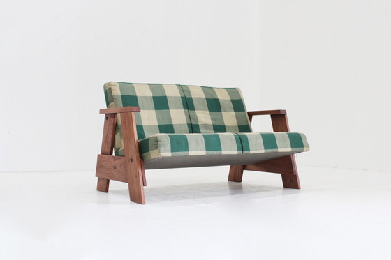 Image 1 of Divano vintage in tessuto a quadri e legno