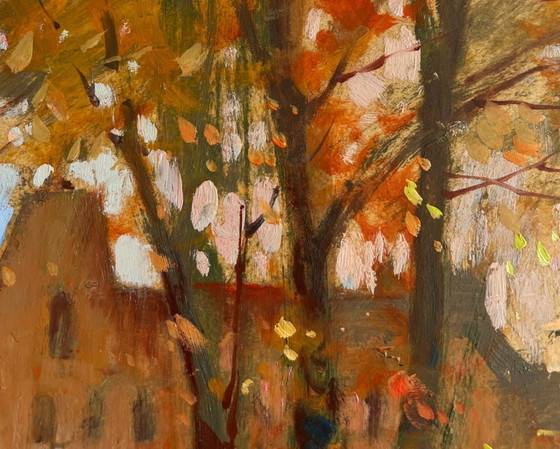 Image 1 of Original Oil Painting Autumn City Landscape Streets in autumn leaves