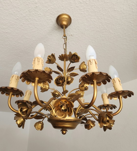 German Hollywood Regency Honsel chandelier, 8-arm, gold-plated, floral, 1970s – Metal (photo 4 of 15)