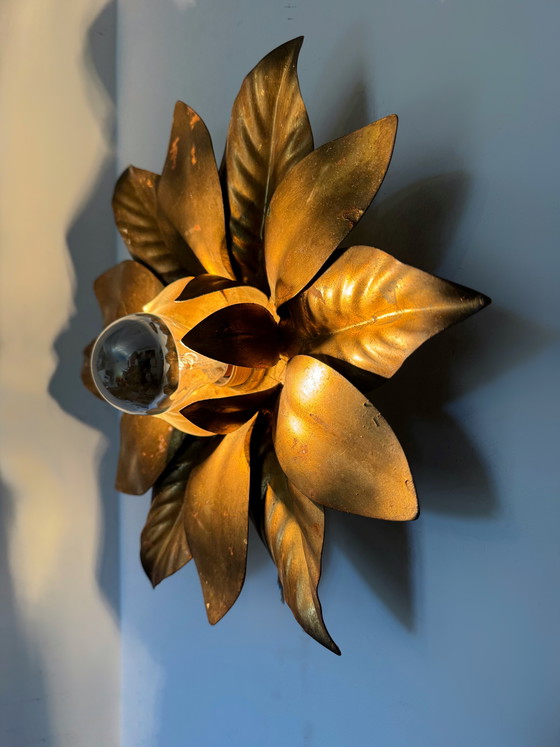 Image 1 of 1970s gold flower wall sconce