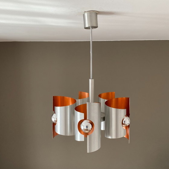 Polam Bielsko Chandelier. 1970. Space Age. Brushed Stainless Steel. – Metal (photo 3 of 7)