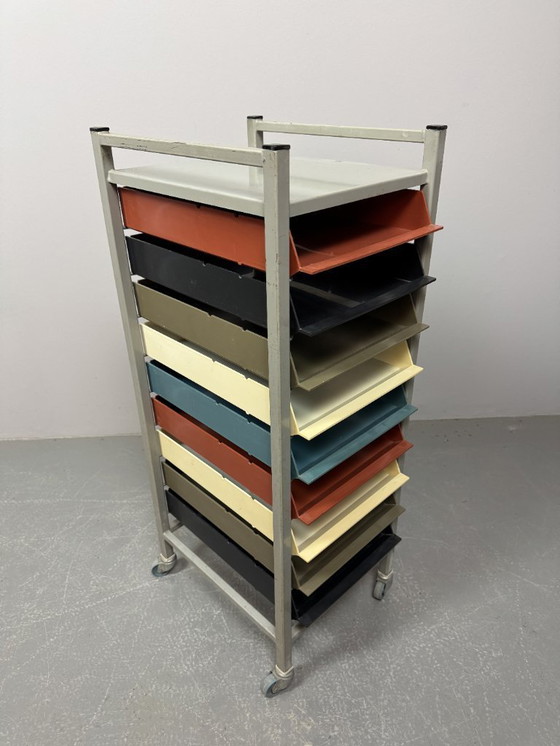 Image 1 of Mid-Century Industrial Gispen Modular Office Trolly with 9 Colorful Pull-Out Bins, The Netherlands 1960s-1970s.