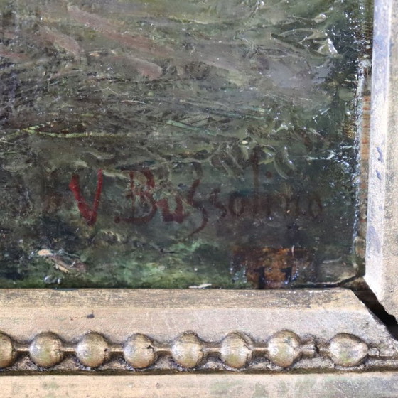 Image 1 of Olieverfschilderij op paneel, Landschap met begroeiing, gesigneerd V. Bussolino, Italië, 19e eeuw.