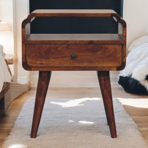 Newton Chestnut Mangoholz Nachttisch – Mit Schublade, offenem Fach und Messingknopf