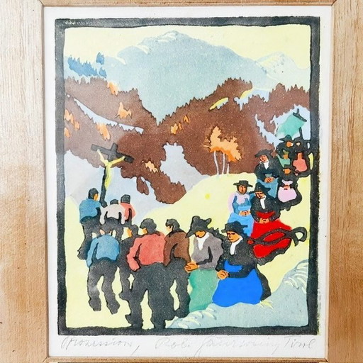 Vintage framed Robert Saurwein signed color woodcut "Prozession" 1940's