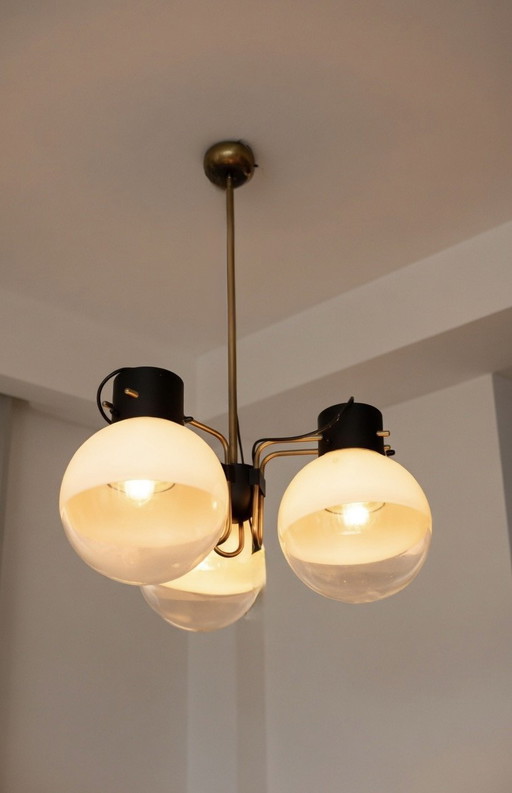 Lustre italien vintage des années 1960 et 1970 - trois sphères en verre bicolores