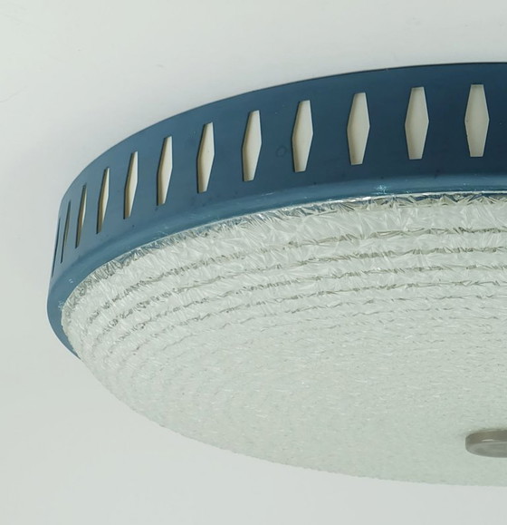 Image 1 of rare large mid century modern CEILING LIGHT by hillebrand 1960s flush mount textured glass blue metal frame