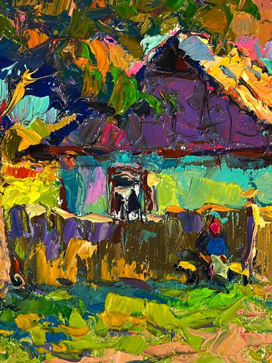 Image 1 of Peinture à l'huile originale, paysage champêtre, jardin d'été, maison au crépuscule