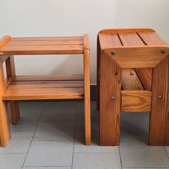 Image 1 of SET OF 4 VINTAGE 1970S PINE SIDE TABLES/BEDSIDE TABLES/LUGGAGE RACK/STOOFS