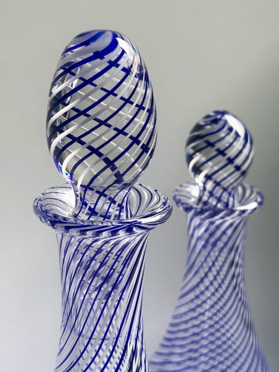 Image 1 of Bottle Set Pasabahce Crystal Glass Decanter Carafe Swirl Thread Glass Vase Cobalt Blue Bülbül Turkish Mid - Century White