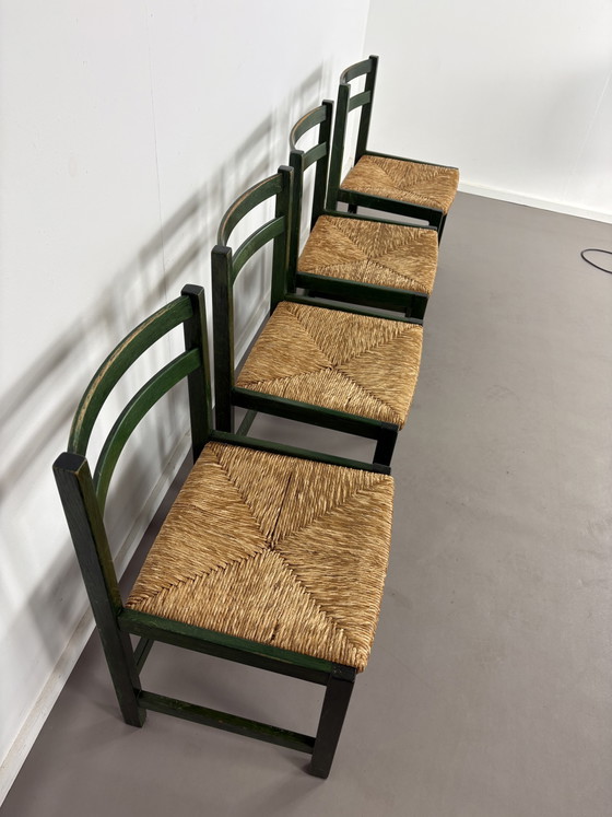 4 Esszimmerstühle aus Buche, grün lackiert, mit Binsensitz – Wood, Wicker, Vintage (photo 2 of 9)