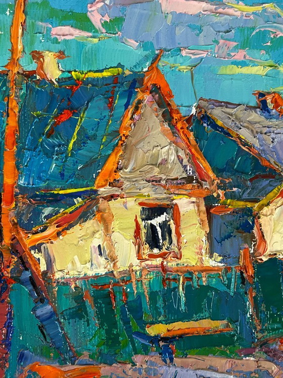 Image 1 of Original Oil Painting Rural Landscape Village A Walk along the Morning Street