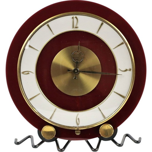 Vintage Bayard clock in red, white and gold bakelite, 1960