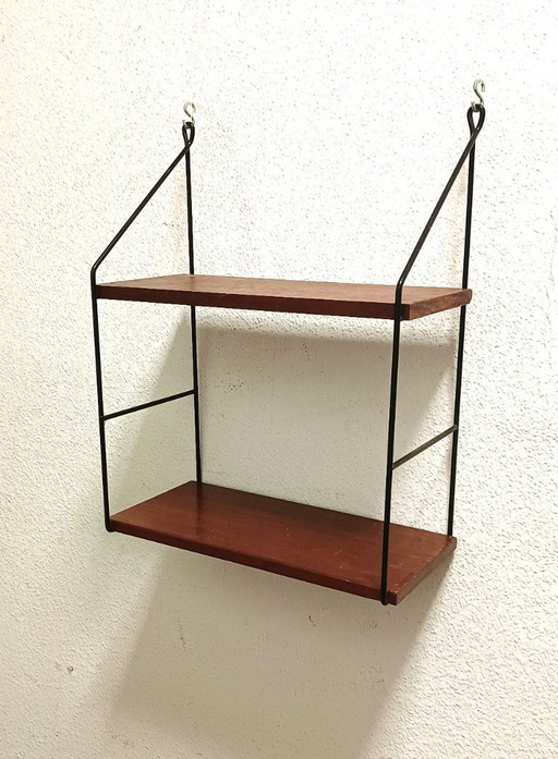 Fifties wall rack with two mahogany shelves