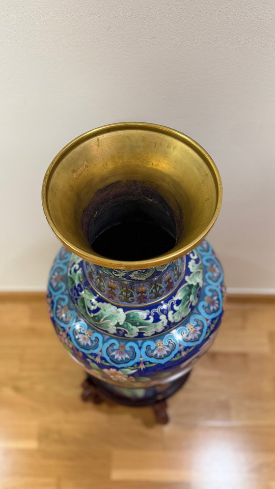Image 1 of Monumental Chinese Cloisonné Vase - 84 cm With Base - Jingtai Blue Enamel - Impeccable