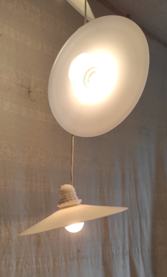 Image 1 of Hanglamp/draaglamp met 3 opalen kappen - midden 20e eeuw