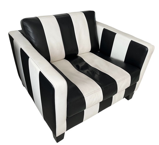 Fauteuil Montel, cuir véritable, rayé noir et blanc, Memphis