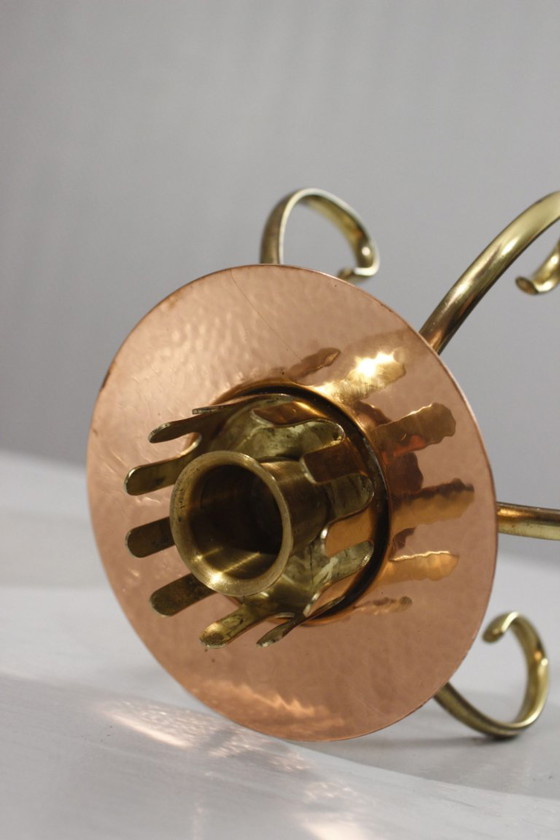Image 1 of Modernist design candlestick from the 1950s in copper, brass & smoked glass