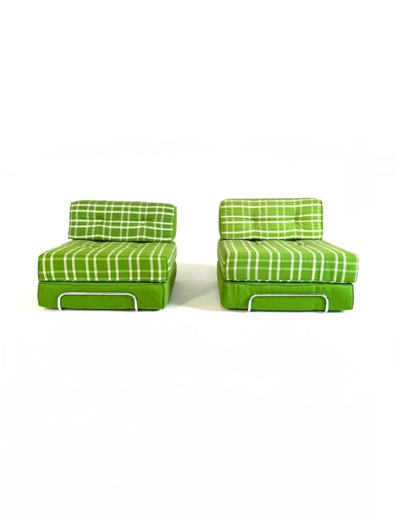 Set of 2 vintage convertible armchairs, Germany '80s, Chrome, Textile, Green (photo 3 of 14)