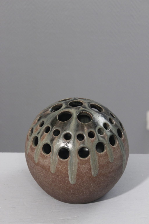 Vase boule pique fleurs à glaçures poteries d'Accolay France XXème