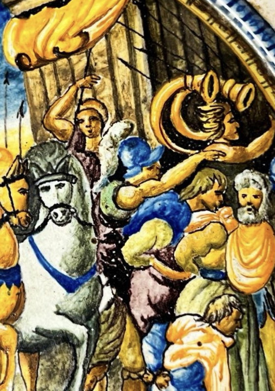 Image 1 of Grande assiette en porcelaine de Cantagalli, Italie, 19e siècle. Plat en majolique, style Urbino, peint à la main.