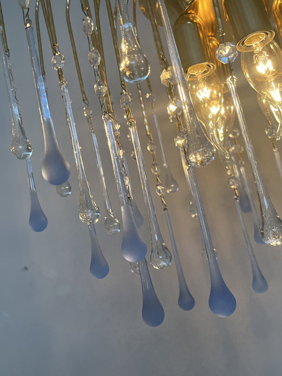 Image 1 of Vintage Blauwe Teardrop Kroonluchter Hanglamp Goud Frame