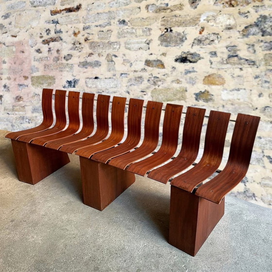 Image 1 of Curved teak and steel bench, 1950