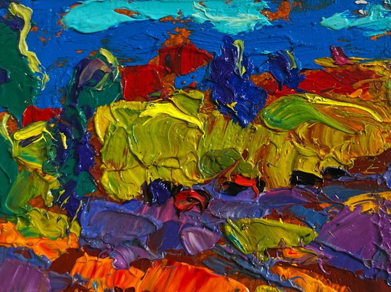 Image 1 of Original Oil Painting Day Field Landscape In the autumn meadows
