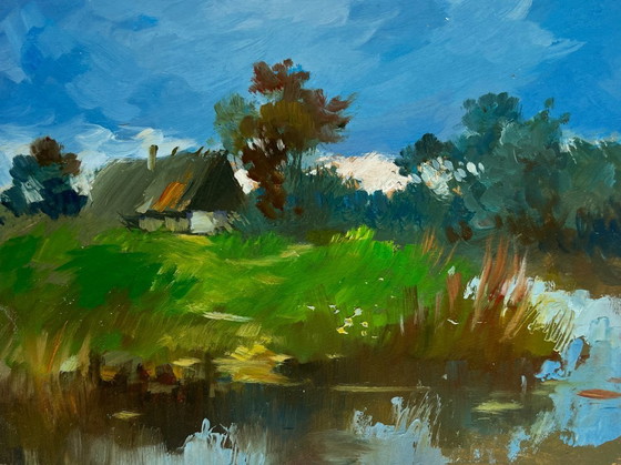 Image 1 of Original Oil Painting Summer House Landscape A lonely house by the river