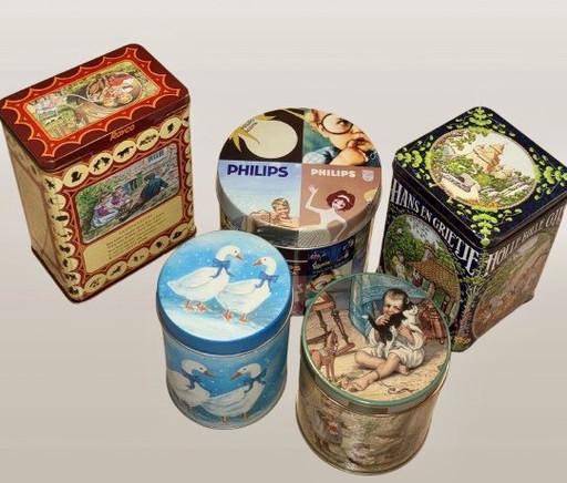 Set of 5 Old Dutch Vintage Tins – Incl. Efteling, Ot & Sien & Philips – decoratieve objecten, Metal