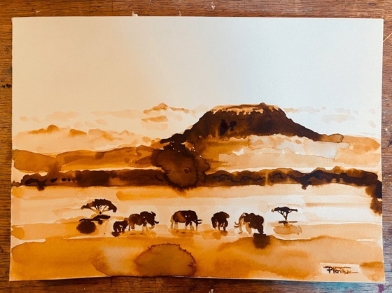 Image 1 of Signed painting of an African landscape and animals, "Kilimanjaro".