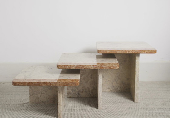 Image 1 of  Vintage Marble Nesting Tables Set of 3, Square Side Tables, Postmodern Solid Fossil Marble Stone Coffee Tables, Modern Accent F