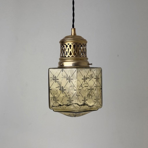 Lampadario a sospensione antico in vetro colorato stile Art Déco