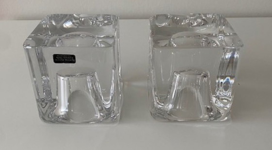 Image 1 of Kosta Boda Svezia Goran Warff 2 pesanti portacandele votive vintage a forma di cubo di cristallo