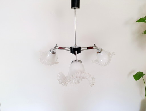 Vintage kroonluchter, 3 Arm Keramiek en Glas Tulp Plafondlamp, Vintage Licht Armatuur, 70s Hanglamp, Mid Century Modern Lam