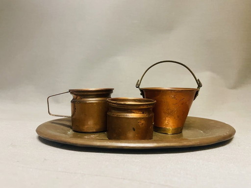 Miniature set copper bucket pots and brass tray